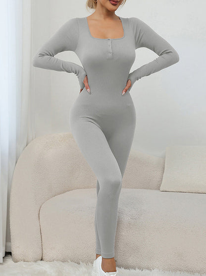 BUYCO Female Ribbed U Collar Quick Dry Thumbhole Jumpsuit
