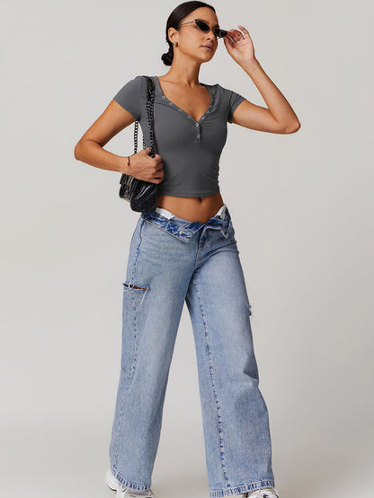 BUYCO Female V-neck Quick Dry Buttons Yoga Short Sleeves