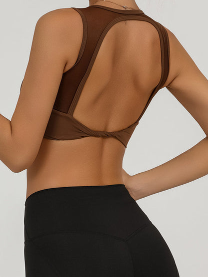 BUYCO Female Solid Color Hollow Out Mesh Splicing Twist Sports Bras