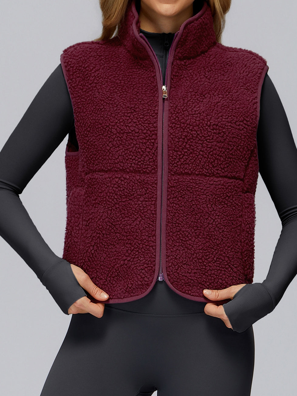 BUYCO Female Fleece Zipper Pocket Stand Up Collar Vest Jacket