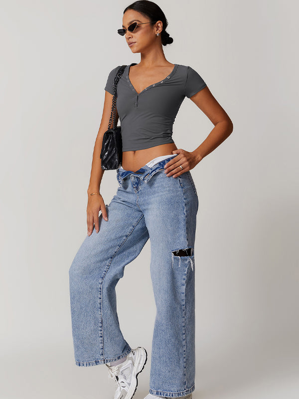 BUYCO Female V-neck Quick Dry Buttons Yoga Short Sleeves