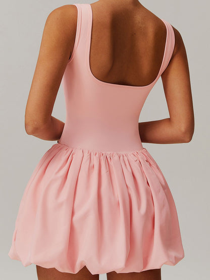 BUYCO Female Solid color U Collar Backless 2 in 1 Pleated Tennis Dress