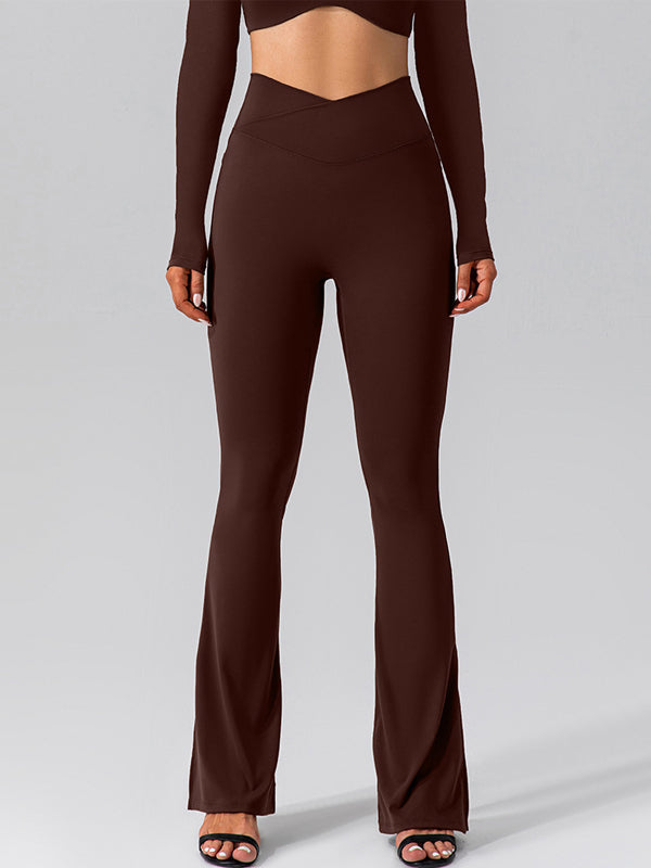 BUYCO Female V-shape Waist Pocket Solid Color Split High-waisted Flare Pants