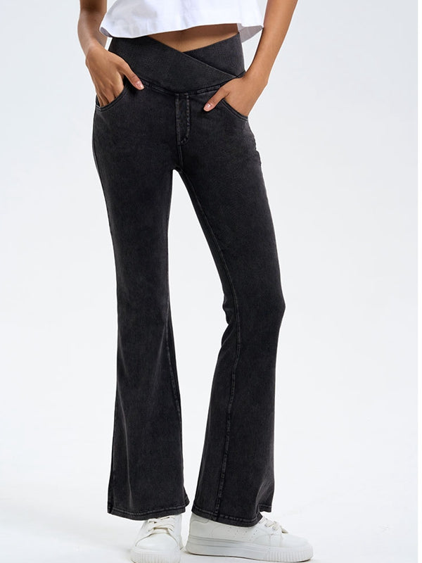 BUYCO Female Denim Pocket V-shape Waist  Flare Leggings