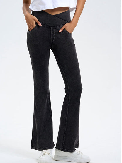 BUYCO Female Denim Pocket V-shape Waist  Flare Leggings