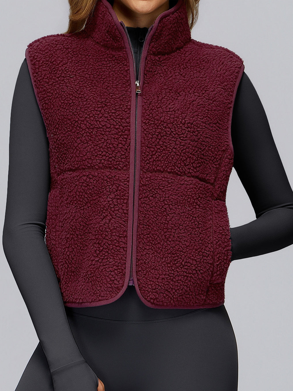 BUYCO Female Fleece Zipper Pocket Stand Up Collar Vest Jacket