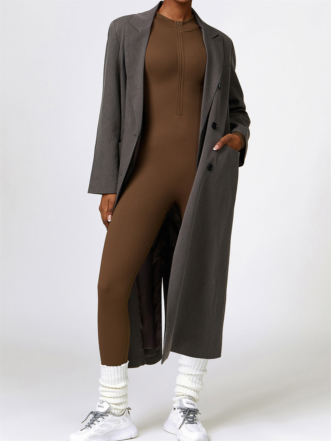 BUYCO Female Ribbed Zipper Stand Collar Jumpsuit