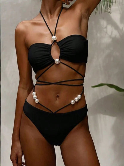 BUYCO Female Solid Color Pearl Lace-up Hollow Out 3-Pieces Mesh Bikini Set