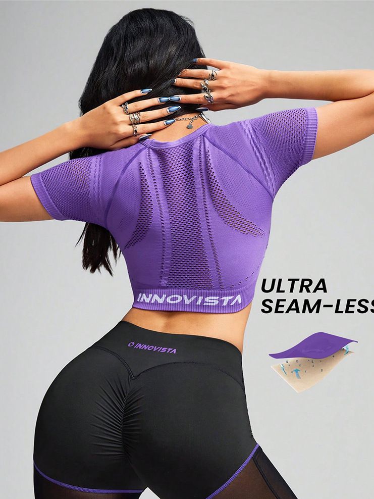 BUYCO Female Solid Color Fishnet Breathable Yoga Short Sleeves