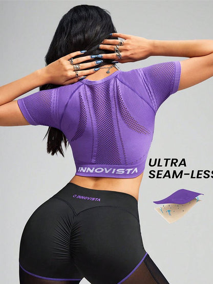 BUYCO Female Solid Color Fishnet Breathable Yoga Short Sleeves