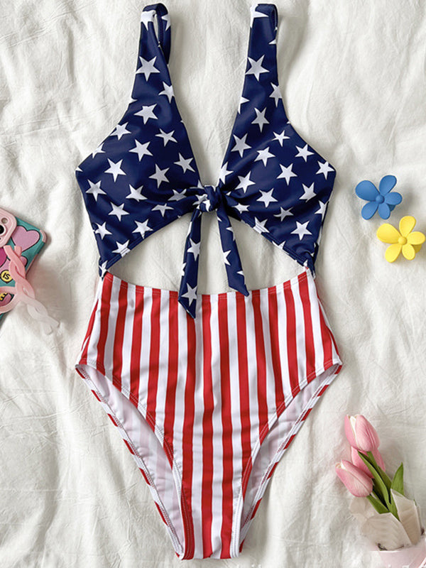 BUYCO Female Great Flags Contrast Color Stripes Hollow Out Backless One Piece