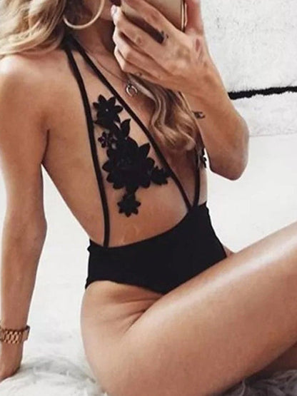 BUYCO Female Fitted Mesh Splicing Print Deep V Backless One Piece