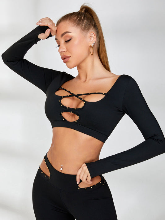 BUYCO Female Rivet Cross Cutout Backless Long Sleeves