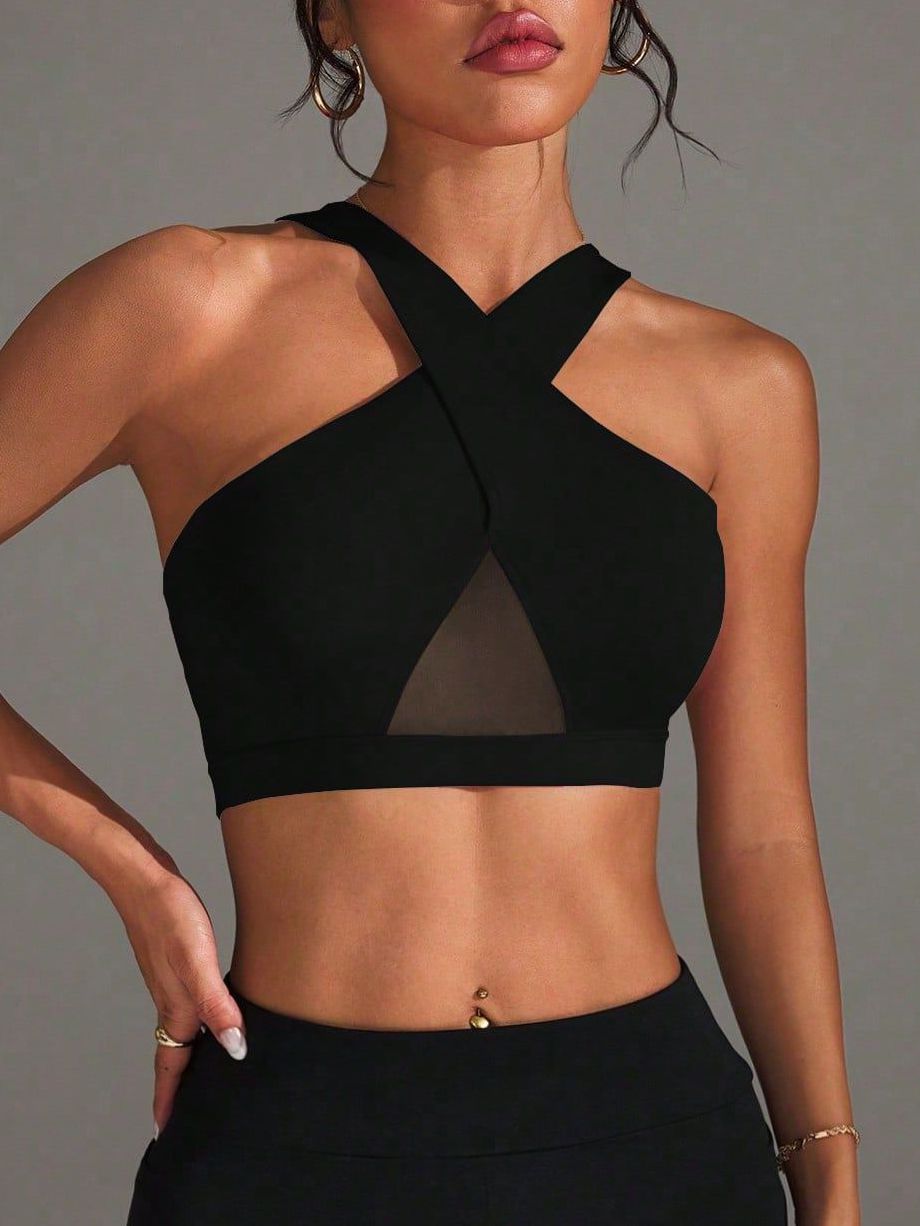 BUYCO Female Fitted Solid Color Sheer Mesh Cross Tank