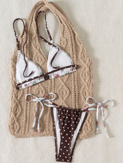 BUYCO Female Fitted Flower Wave Point Print Bikini Set