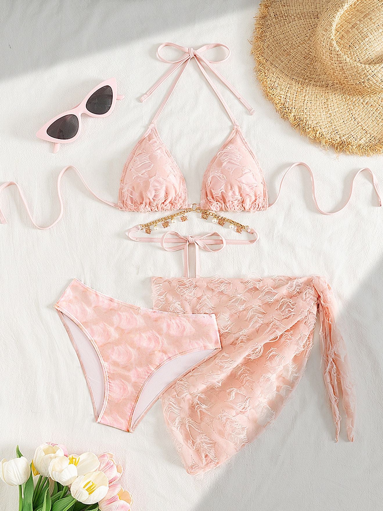 BUYCO Female Fitted 3 Pieces Petal Mesh Metal Chain Beach Bikini Set
