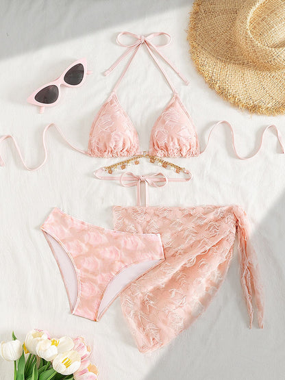 BUYCO Female Fitted 3 Pieces Petal Mesh Metal Chain Beach Bikini Set