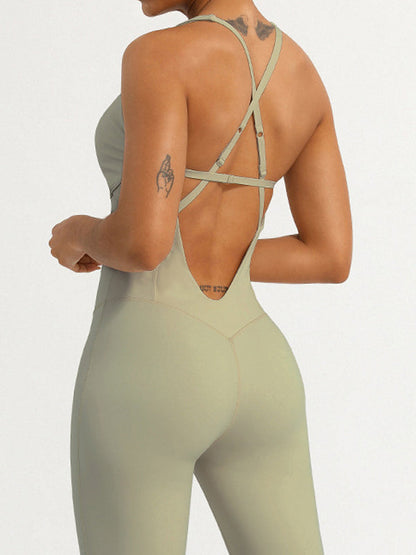 BUYCO Female Cross Back Hollow Out Adjustable Strap Backless Corset Quick Dry Jumpsuit