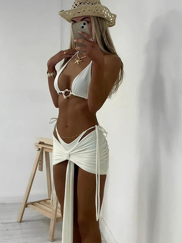 BUYCO Female Solid Color Hollow Out with Metal 3 Pieces Drawstring Bikini Set