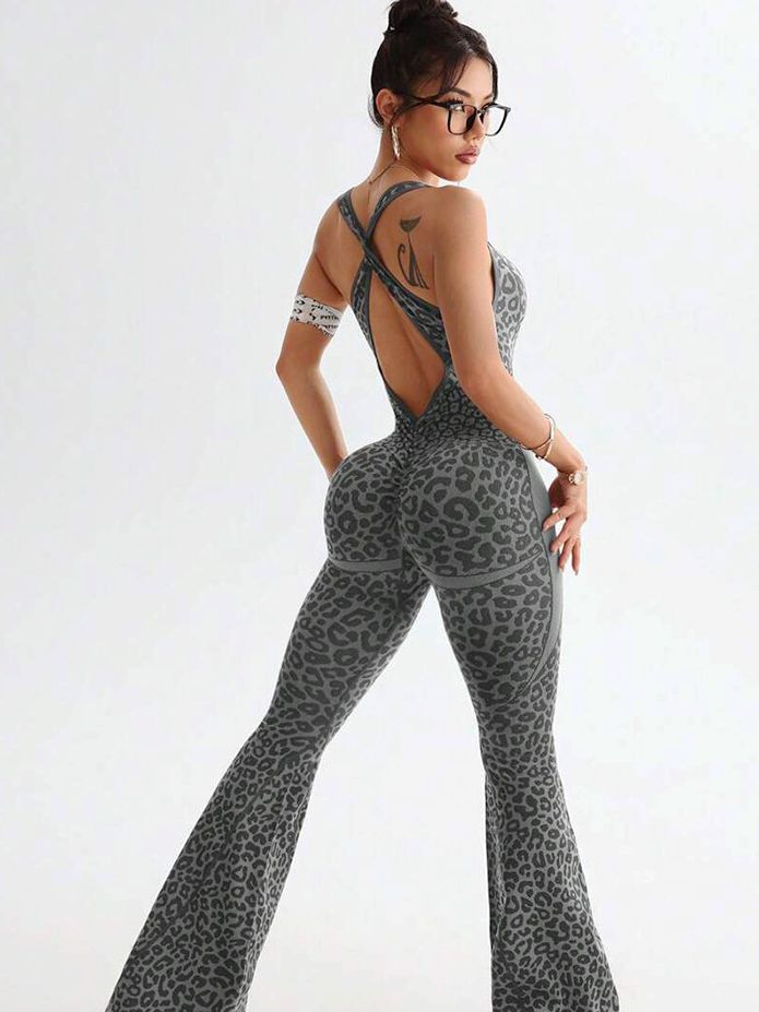 BUYCO Female Fitted Leopard Print Hollow Out Cross Back Deep V Back Jumpsuit