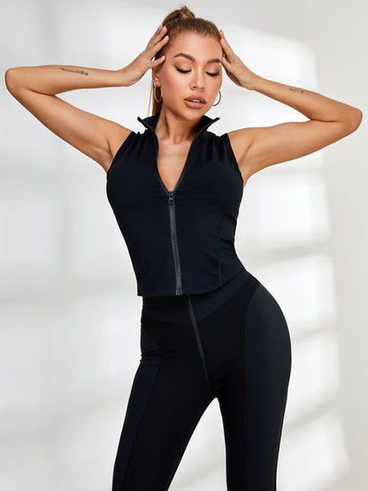 BUYCO Female Solid Color Stand Collar Zipper Ribbed Tracksuit