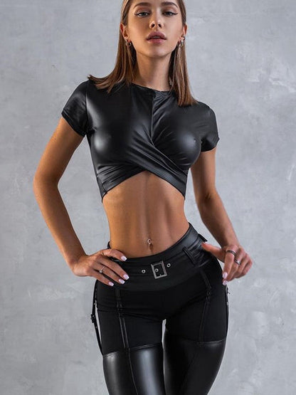 BUYCO Female PU Glossy Cross Twist Metal Buttons Hip-lift Leggings