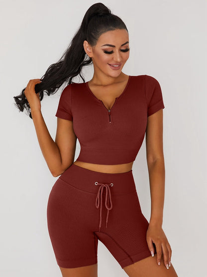 BUYCO Female Knitted Chest Zipper Drawstring Ribbed Short Tracksuit