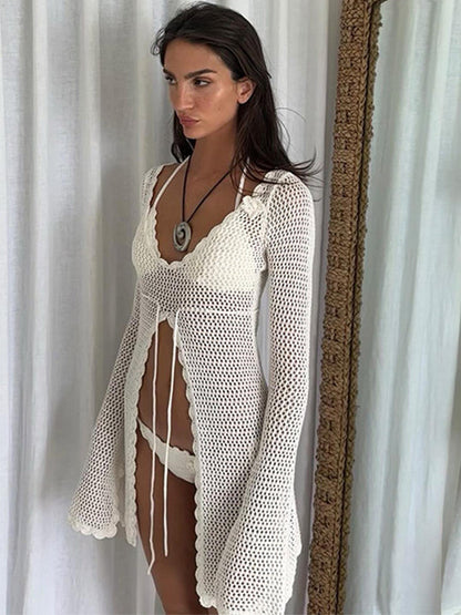 BUYCO Female Fitted Fishnet Lace-up Hollow Out Without Bikini Set Swimwear Cover Dress
