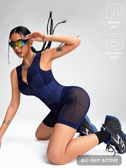 BUYCO Female Hollow Out Net Zipper Push Up Design Elastic Tight Romper
