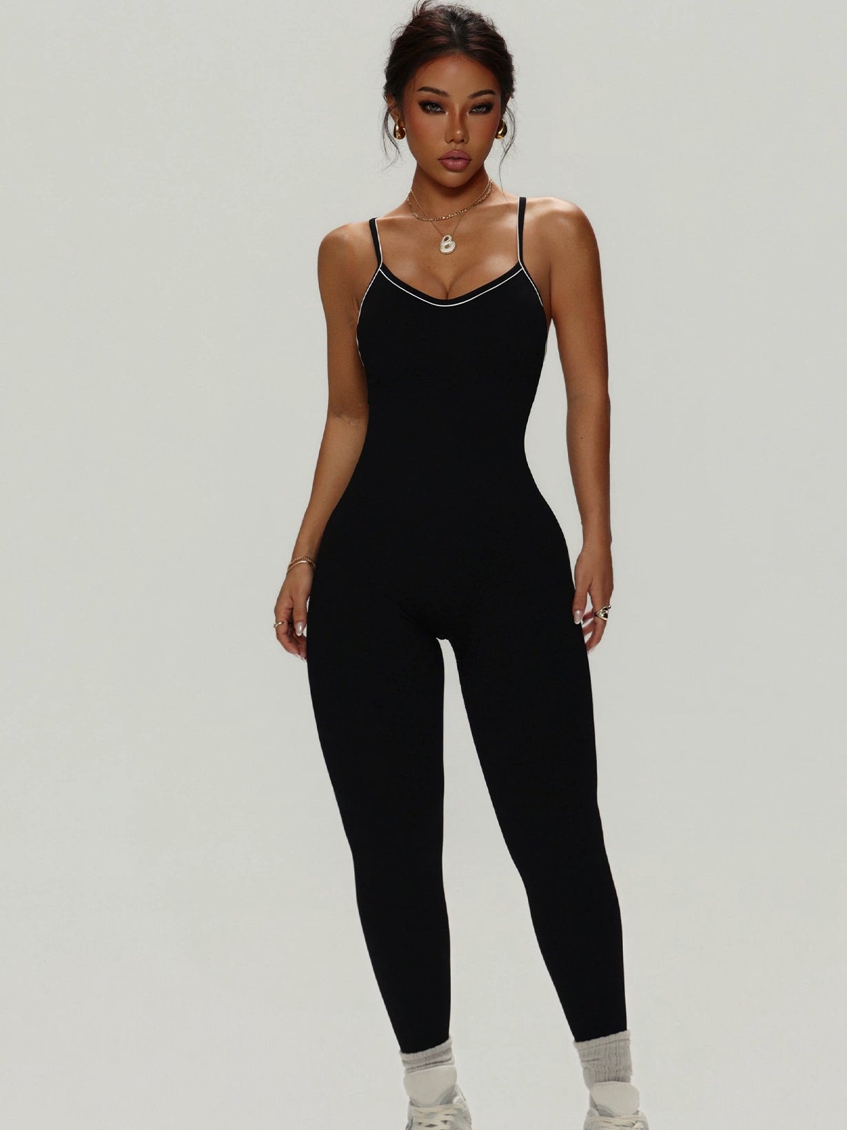 BUYCO Female Fitted Cross Back Contrast Color Elastic Tight Quick Dry Jumpsuit