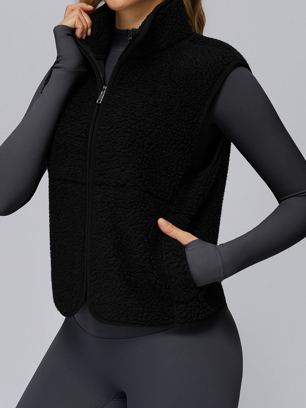 BUYCO Female Fleece Zipper Pocket Stand Up Collar Vest Jacket