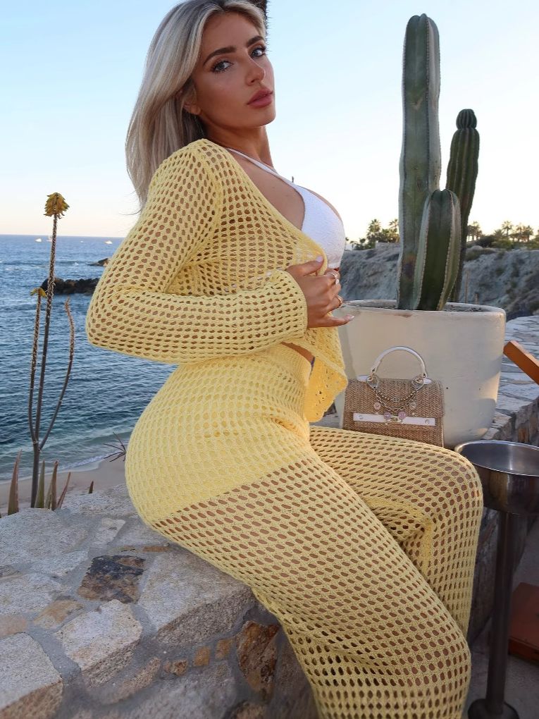 BUYCO Female Fitted Fishnet 2-Pieces Hollow Out Swimwear Cover-up Without Bikini