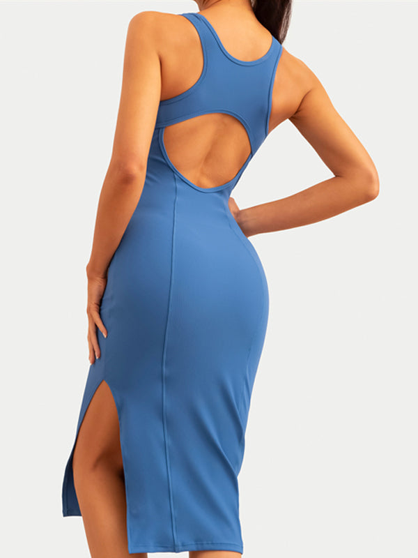 BUYCO Female Ribbed Yoga Elastic Tight Hollow Out Quick Dry Short Dress
