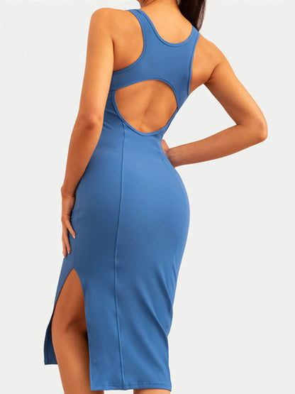 BUYCO Female Ribbed Yoga Elastic Tight Hollow Out Quick Dry Short Dress
