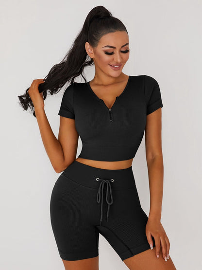 BUYCO Female Knitted Chest Zipper Drawstring Ribbed Short Tracksuit