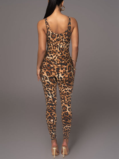BUYCO Female Leopard Print U Collar Jumpsuit