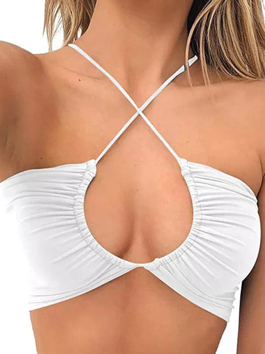 BUYCO Female Halter Folds Cross Back Pleated Backless Sports Bras