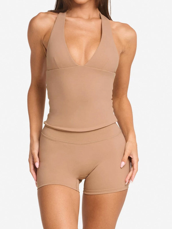 BUYCO Female Solid Color V-neck Halter Backless with Chest Pads Quick Dry Tank