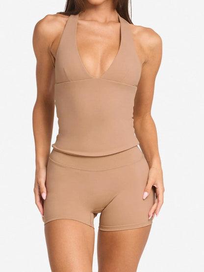 BUYCO Female Solid Color V-neck Halter Backless with Chest Pads Quick Dry Tank