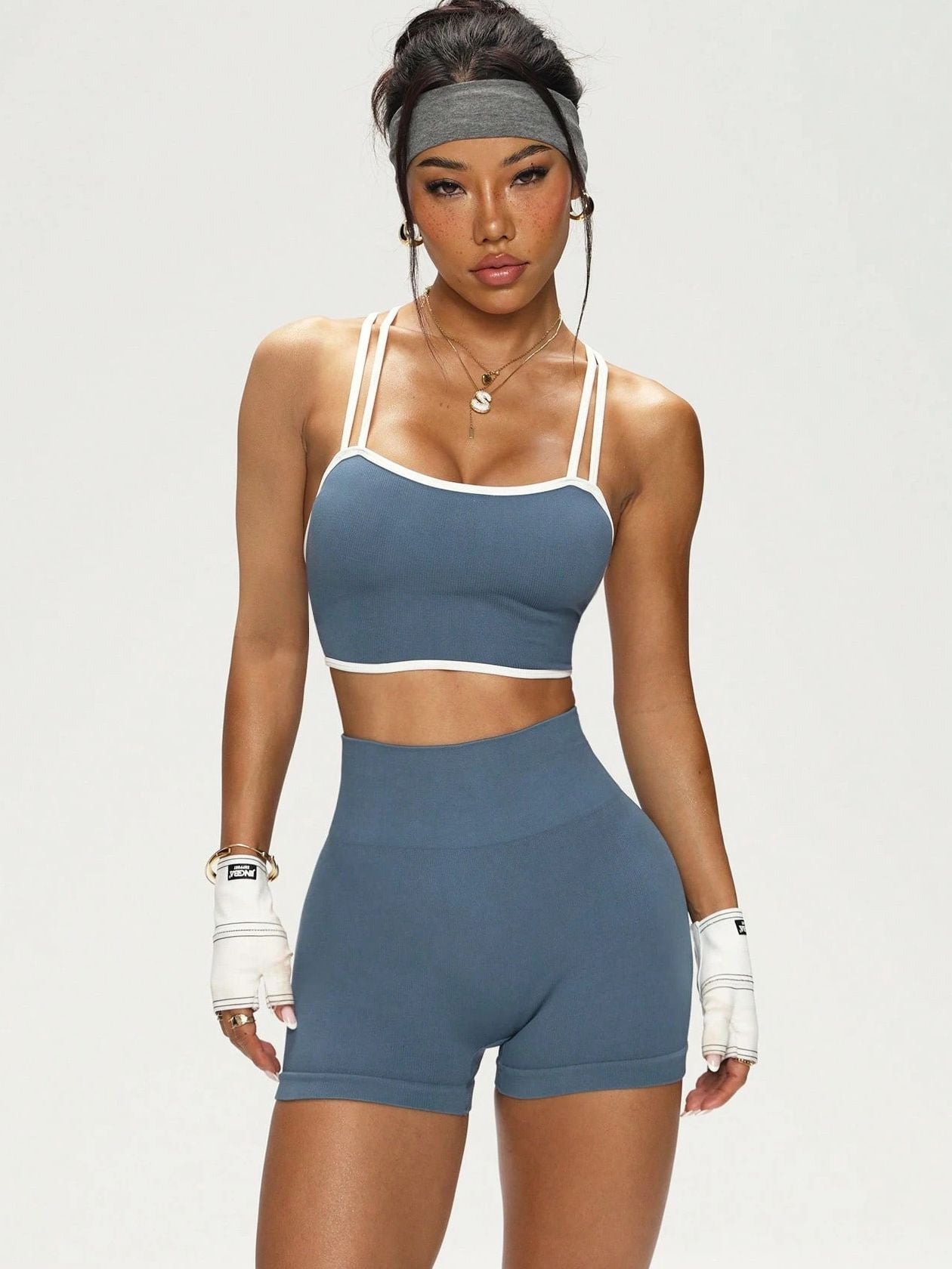 BUYCO Female Contrast Color Cross Back Elastic Tight Short Tracksuit