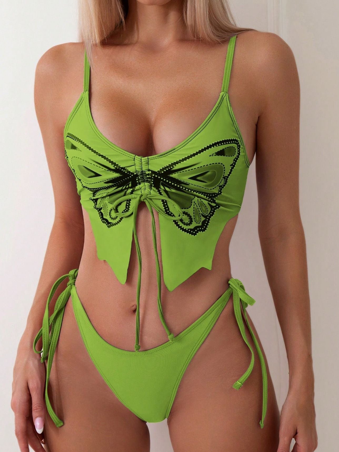 BUYCO Female Butterfly Print Cut Out Tie Front Drawstring Swimsuit Bikini Set