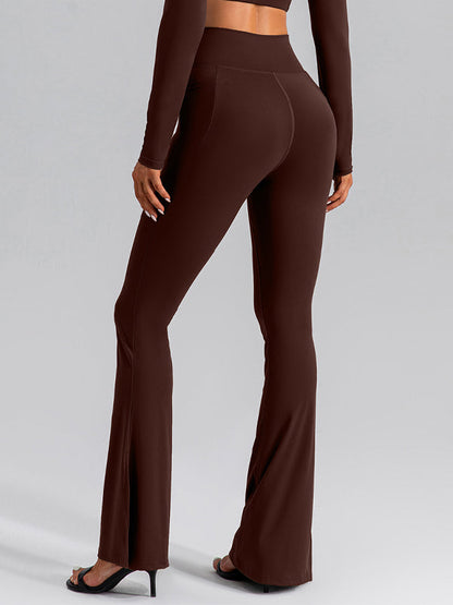 BUYCO Female V-shape Waist Pocket Solid Color Split High-waisted Flare Pants