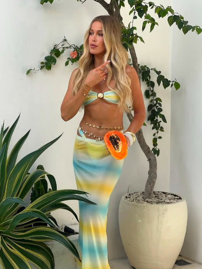 BUYCO Female Unique Modern Tie-dye Shell Mesh 3-Pieces Bikini Set