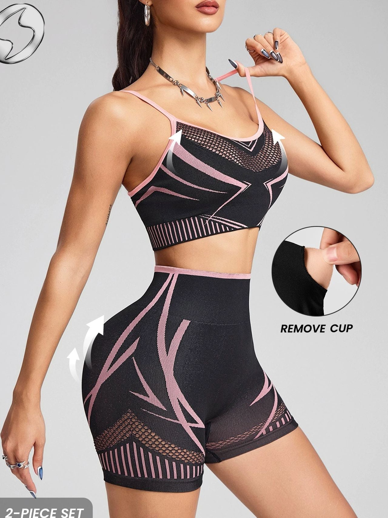 BUYCO Female Fishnet Cross Back Stripes Contrast Color Short Tracksuit