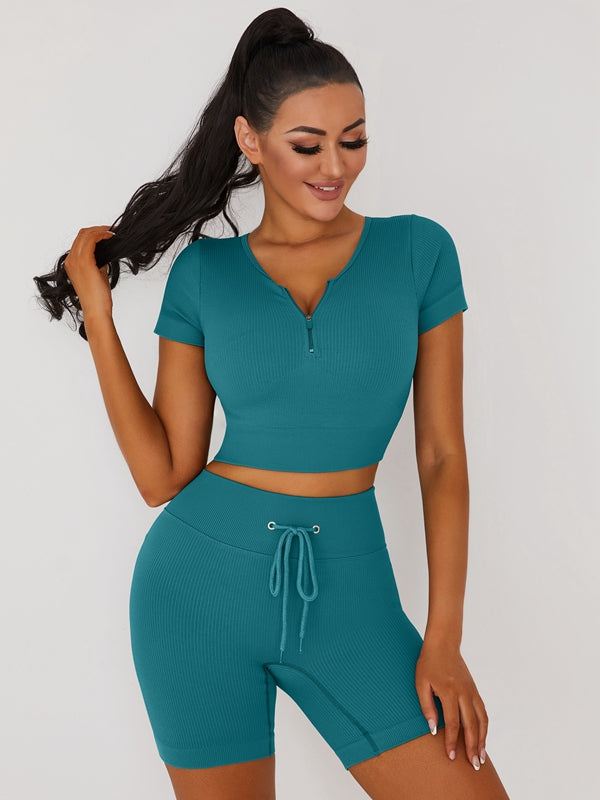 BUYCO Female Knitted Chest Zipper Drawstring Ribbed Short Tracksuit