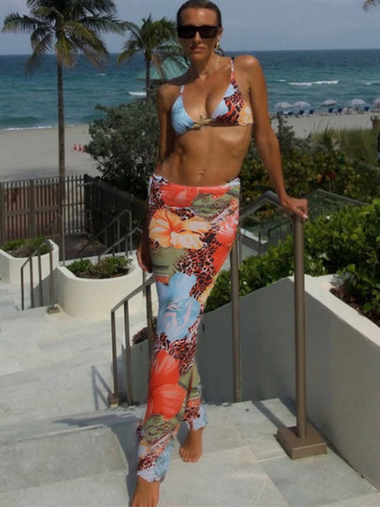 BUYCO Female Fitted Backless Flowers Print Mesh 3-Pieces Bikini Set