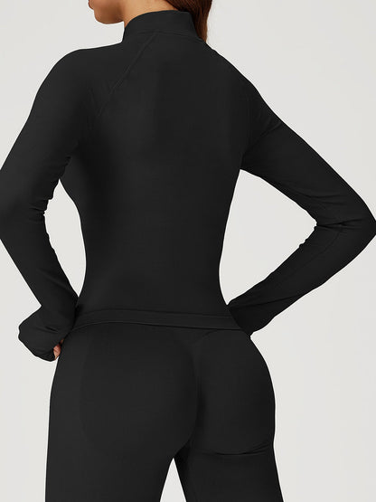 BUYCO Female Solid Color Stand Up Collar Zipper Thumbholes Jacket