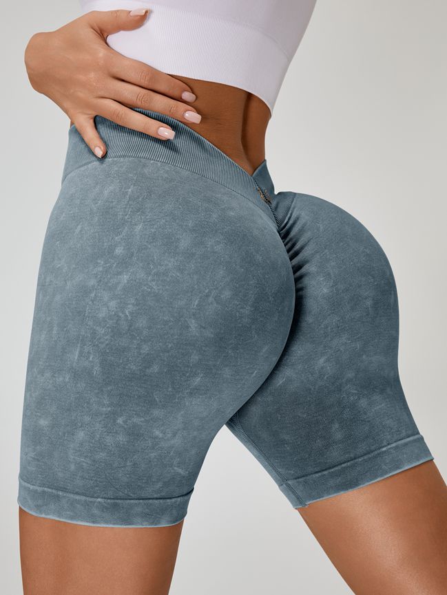 BUYCO Female Deep V Back Faux Denim Ruched Back Spandex Gym Fit Shorts