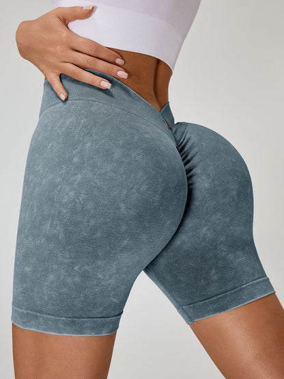 BUYCO Female Deep V Back Faux Denim Ruched Back Spandex Gym Fit Shorts