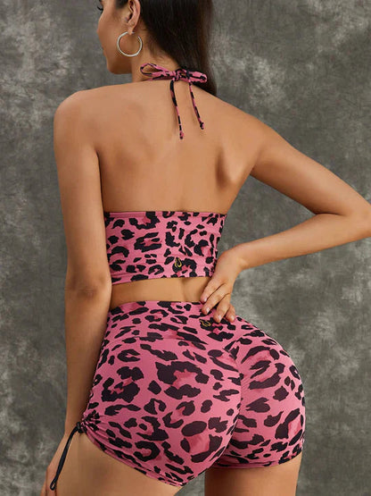 BUYCO Female Leopard Print Hollow Out Halter Ruched Back Short Tracksuit